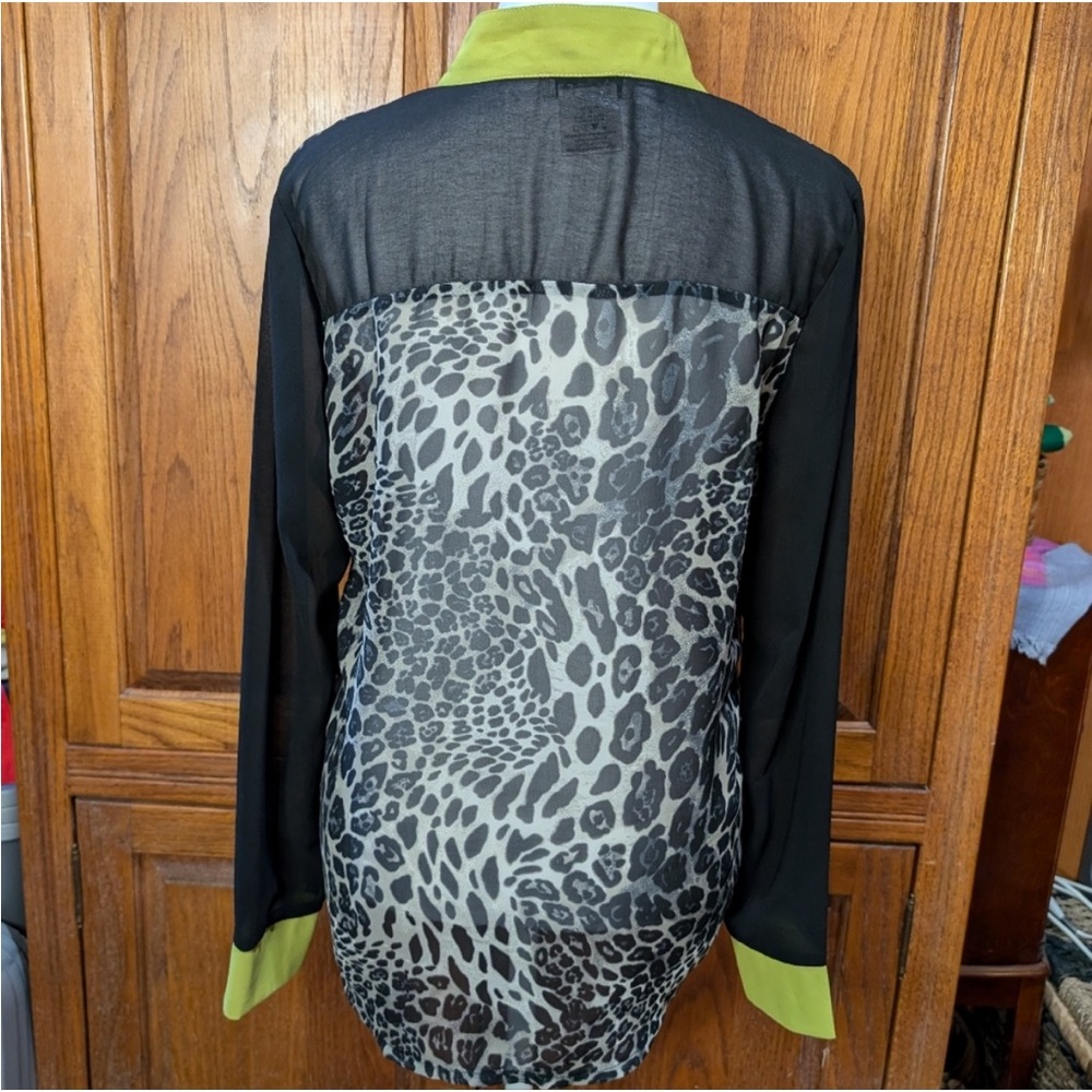 Adara sheer chiffon cheetah print black/grey/lime buttonup mandarin collar top - Picture 2 of 5
